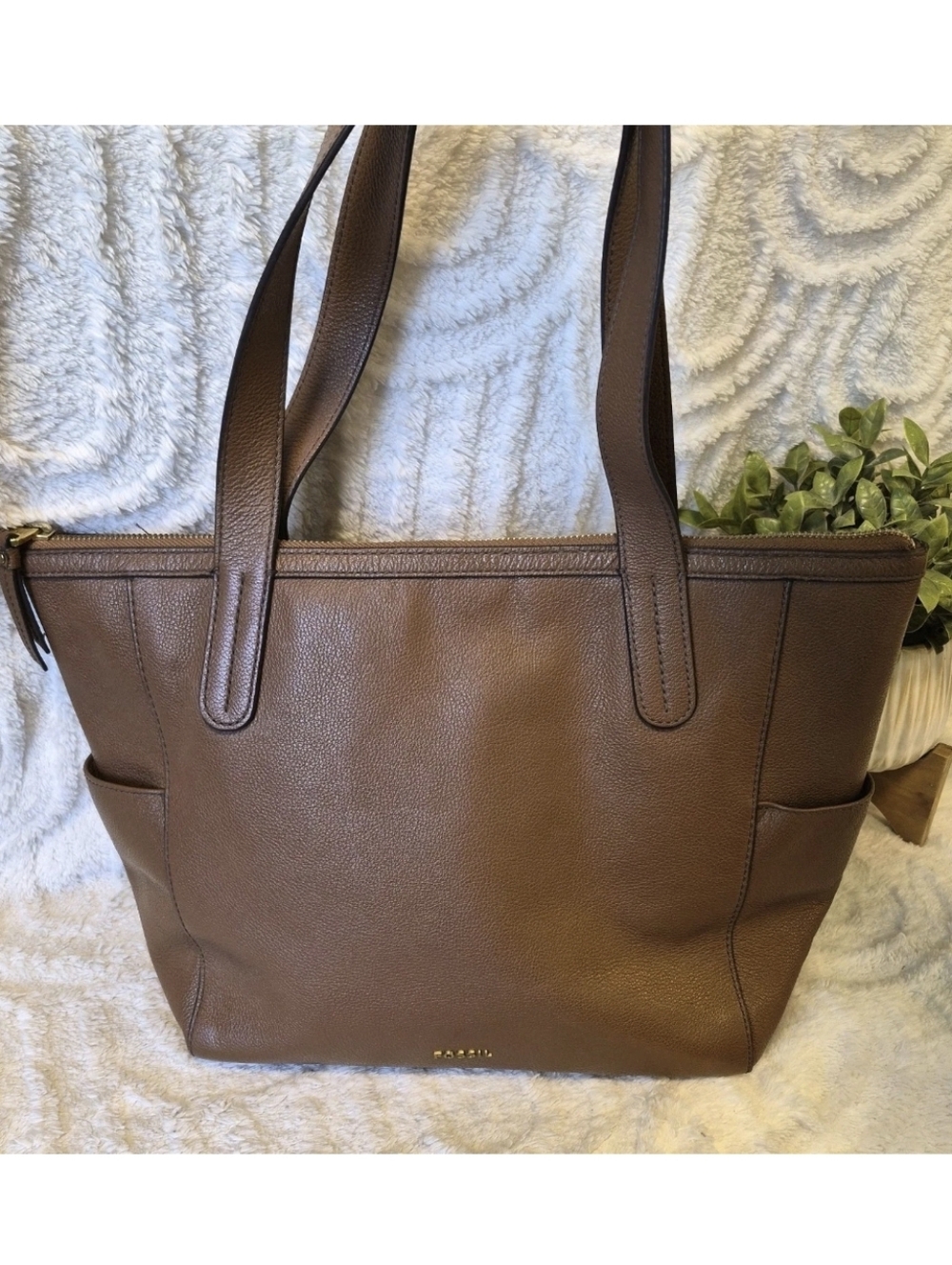 Fossil Mimi Tote Bag Brown Pebbled Leather Shopper Purse Double Handle Large